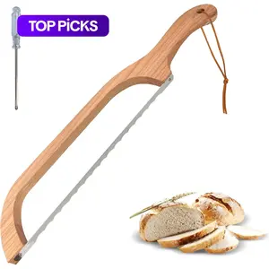Wooden Bread Slicer, Bread Knife and Screwdriver, Stainless Steel Serrated Bread Cutter for Bagels, Baguettes and More, Kitchen Cutting Utensils