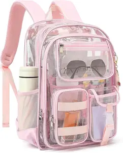 Clear Backpack for School Girls Boys Heavy Duty Transparent Backpack with Multiple Pockets, Lightweight PVC See Through Bookbag for Students-Light Pink
