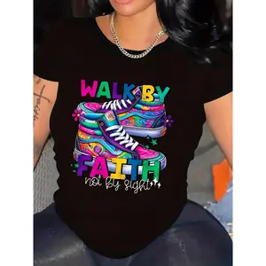 180g Black Cotton Round Neck Short Sleeve Printed T-Shirt for Women - 'Walk By Faith Not By Sight' Graphic Design Tee - Comfortable Casual Wear Fashionable Inspirational Women’s Top