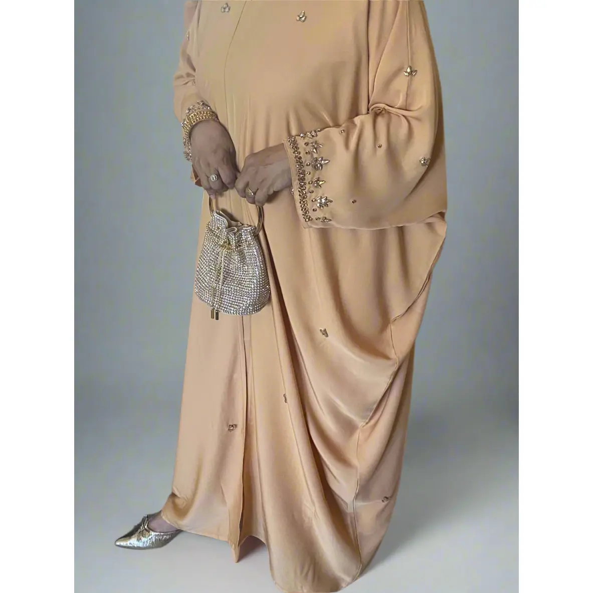 Shahana Abaya with Hand-Stitched Stone Work - Sand