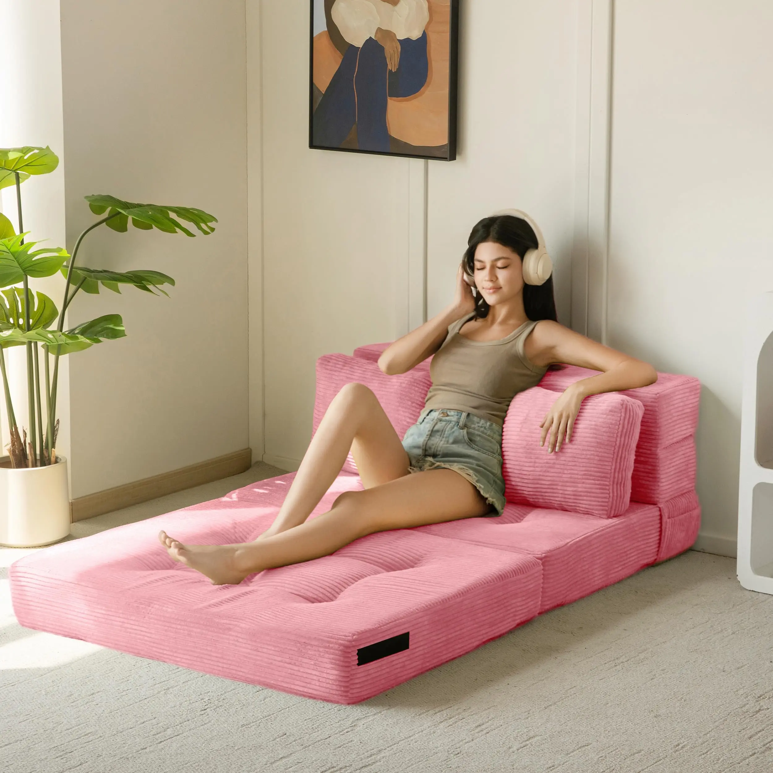 4-in-1 Convertible Sofa Bed, Fold Out Loveseat Sleeper Sofa with Pillows, Quilted Folding Sofa Bed, Foam Floor Couch, Comfy Lounge Couch Sofa Bed, Cozy Lounge Chair for Living Room, Bedroom, Guest Room, Ideal Gift Foldable Sleeper Sofa Convertible Sofas B