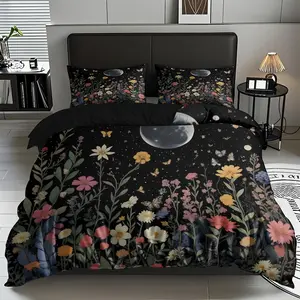 2/3 PCS Night Sky Flower ,Butterfly Dance Moon Shadow Pattern Duvet Cover Set (1* Duvet Cover Set +1/2* Pillowcase, No Filling), Soft,Comfortable Bedding Set, Suitable For All Seasons, Machine Washable, Christmas ,New Year Gift For Family ,Friends