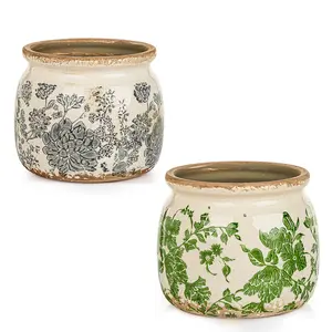 Sungmor Set of 2 Farmhouse Ceramic Planters with Drainage Hole,Vintage Crackle Glaze Flower Pots, Tuscan Decor Pots for Indoor/Outdoor Herbs,Succulents and Small Flowers