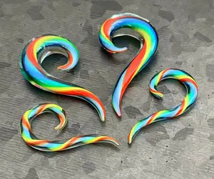 PAIR of Unique Rainbow Glass Spiral Taper Plugs - Expanders Gauges - 6g (4mm) thru 00g (10mm)