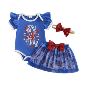 Infant Newborn Baby Girl My 1st 4th of July Outfit Set Ruffle Shoulder Romper Star/Flag Print Tulle Skirt Bow Headband 3 Pcs Independence Day Set