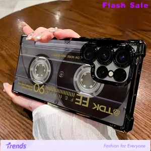 Retro Cassette Pattern Phone Case Compatible with Samsung Galaxy S25 S24 S23 S22 S21 FE Ultra Plus 4G 5G, Transparent Soft Back Cover for Drop Protection.