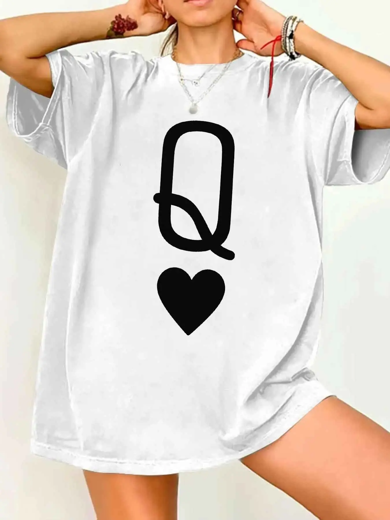 Women's Oversized T-Shirt Dress + "Letter Q & Heart" Minimalist Graphic Print - Chic Casual Design - Women's Oversized T-Shirt Dress + "Letter Q & Heart" Minimalist Graphic Print - Chic Casual Design -