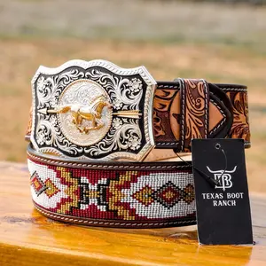 2 Inch Hand-Tooled Artesanal Beaded Leather Belt 2 Inch Hand-Tooled Artesanal Beaded Leather Belt