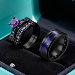 Lvrong 3pcs Matching Rings His And Hers Ring Couple Rings 1CT Pruple Cz Womens Wedding Ring Sets Wedding Bands