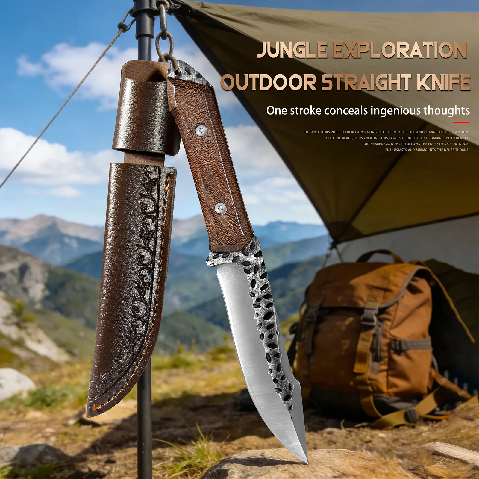 9.5-Inch Thick 7Cr13mov Stainless Steel Multi-Function Kitchen Knife, Rustproof Durable Blade with Retro Carved Leather Scabbard, Emergency Tool for Outdoor Hiking & Gifting (Men-Focused)