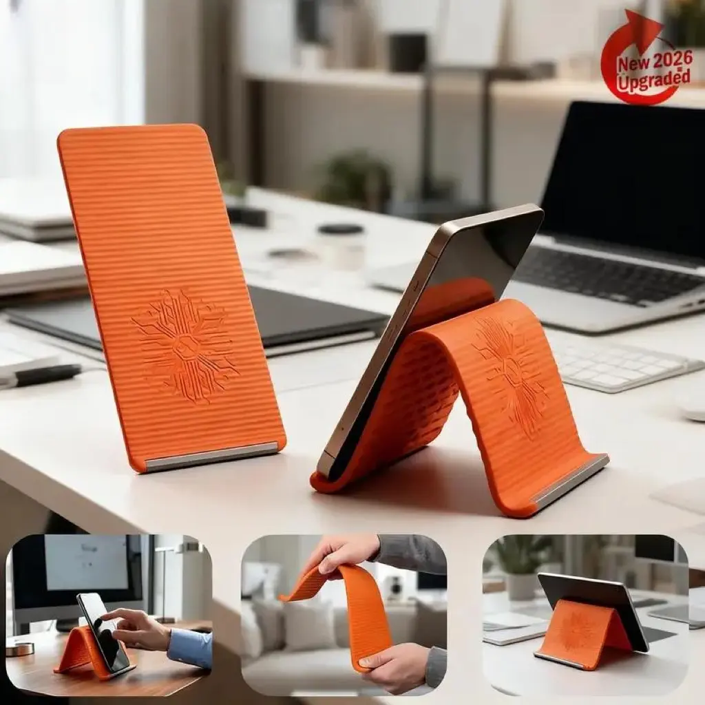 Portable Foldable Silicone Phone Holder with Aluminium Sheet, Multi-Angle Adjustable Stand for Mobile Tablet Laptop, Anti-Slip Desktop Mount, Compact 20cm x 10cm, Orange Black, Home Office Travel Use
