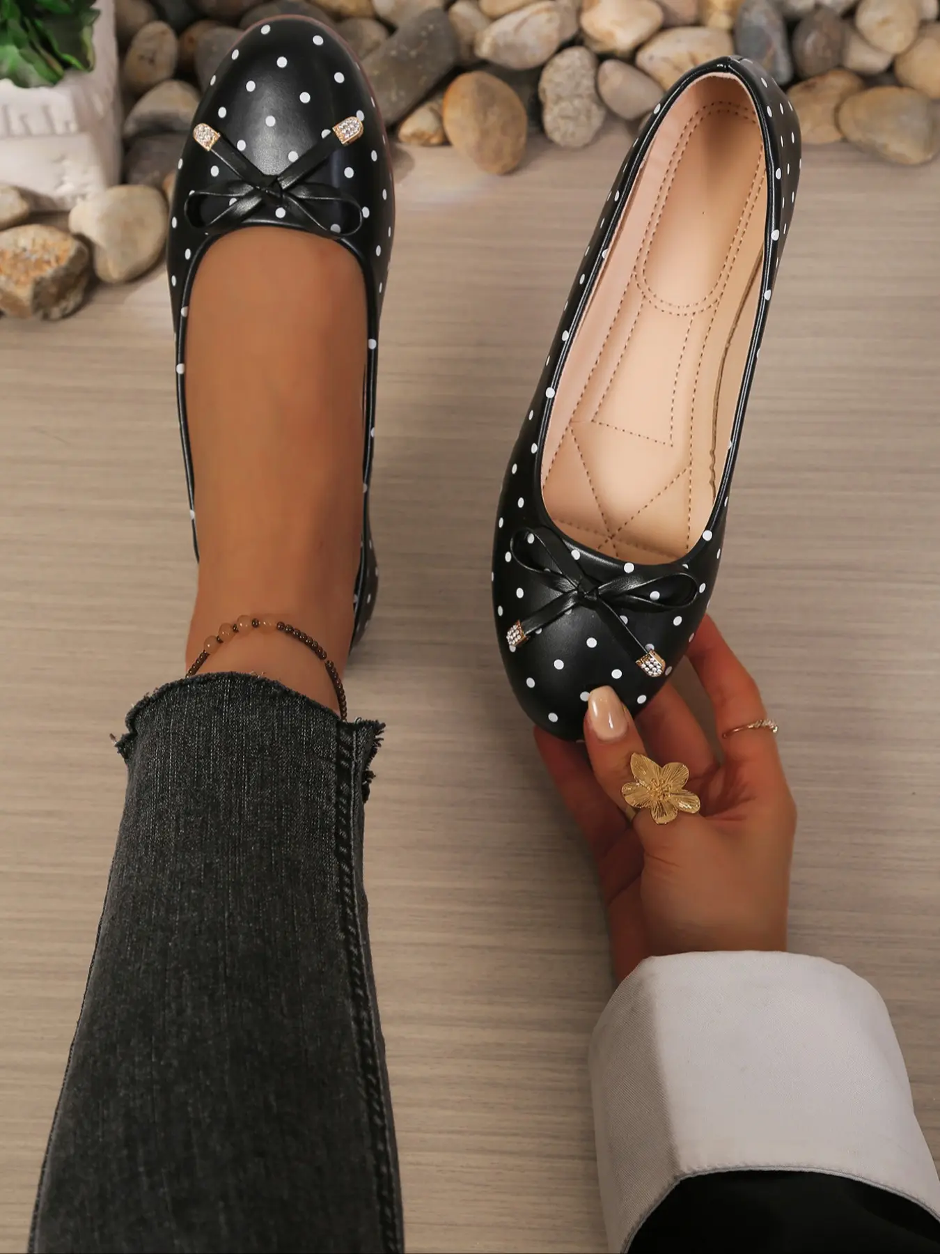 Women's Solid White Round Toe Polka Dot Ballet Flats, Cute Black Bow Decor with Rhinestone Accents, PU Leather Upper, Rubber Sole, Comfortable Non-Slip Casual Dress Shoes for Daily, Commute and Party Wear