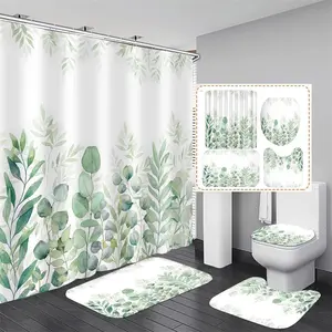 4 PCS Green Leaves Shower Curtain Sets with Non-Slip Rug, Toilet Lid Cover and Bath Mat, Plant Leaves Shower Curtain Sets with 12 Hooks, Durable Shower Curtain for Bathroom Set Decor Gift Flannel