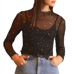 Womens Black Rhinestone Sheer Mesh Slim Fit Long Sleeve Top - Womenswear, Comfort,Winteroutfit