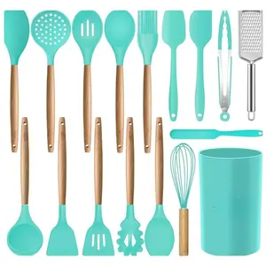 17 Pcs Silicone Cooking Kitchen Utensils Set with Holder, Wooden Handles Cooking Tool BPA Free Turner Tongs Spatula Spoon Kitchen Gadgets Set for Nonstick Cookware (Teal)