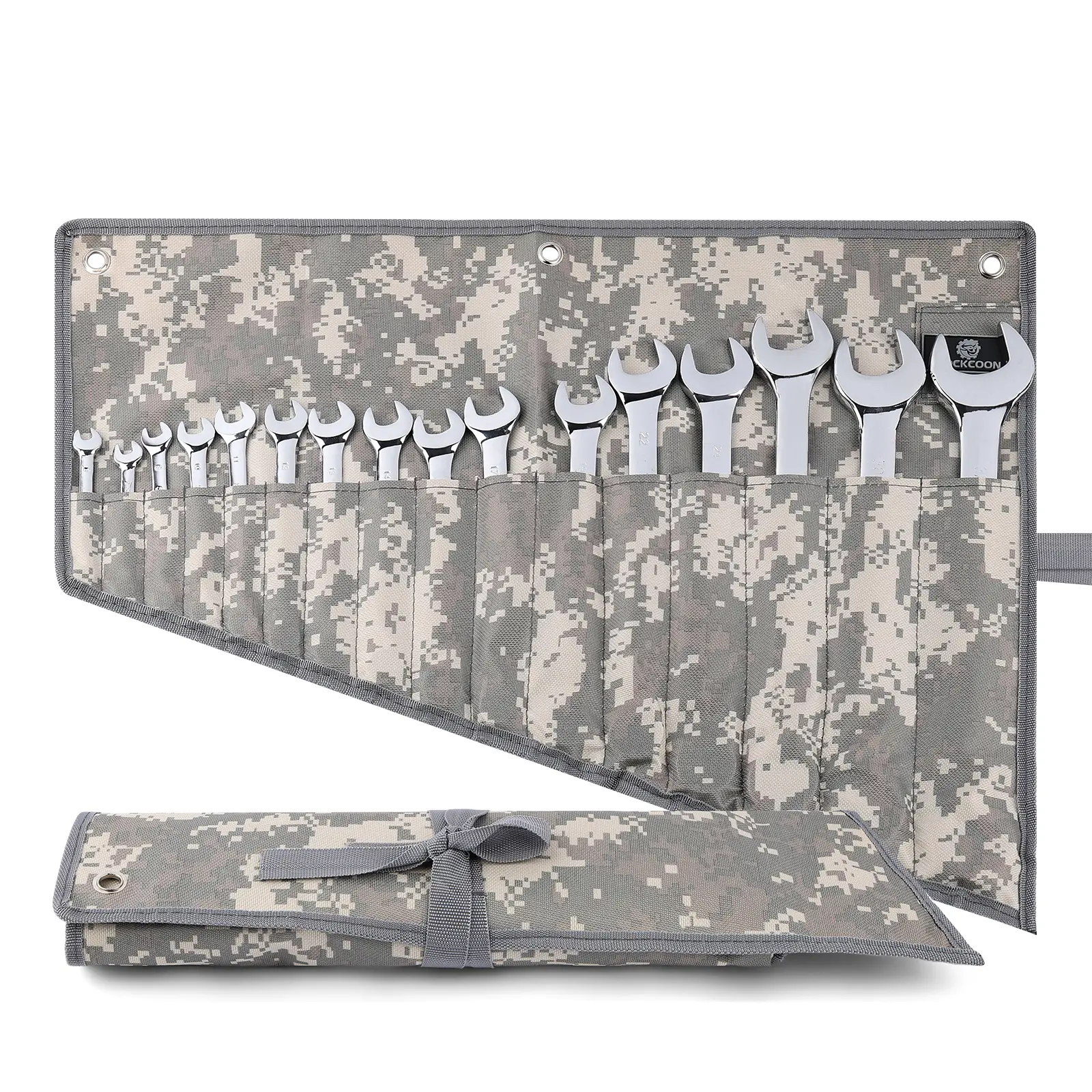 16-Pocket Wrench Roll Organizer, Oxford Cloth Rolled Tool Pouch Bag, Light Camouflage Pouch Tool Bags
