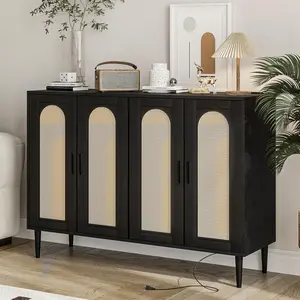 Rattan Sideboard Buffet Cabinet, 4 Doors Accent Storage Cabinet, Console Table Coffee Bar with Power Outlet, Adjustable Shelves for Kitchen, Dining Room, Hallway, Living Room