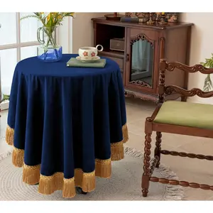 Blue 60 Inch Round Tablecloth Thickset Velvet Tablecloth with Beautiful Gold Tassels Vintage Table Cloth for Home Wedding,, Banquet and Events 60" Round