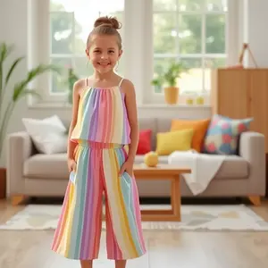 New Summer Girls Two Piece Set Rainbow Gradient Pleated Design Crop Tank Top Wide Leg Pants Vacation Casual Outdoor Fashion