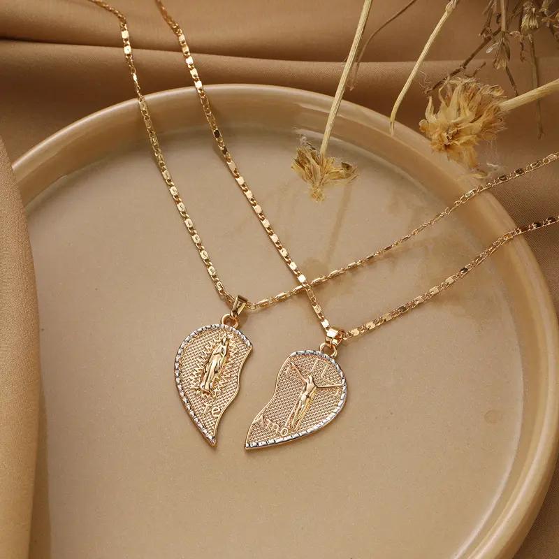 LUNJUN S Virgin Mary Heart Necklace 18K Gold Plated Double Chain Combination Prayer Pendant for Women & Men TE AMO Inscribed Couple Necklace Religious Symbolism Elegant Dual Heart Design 45cm Chain Length