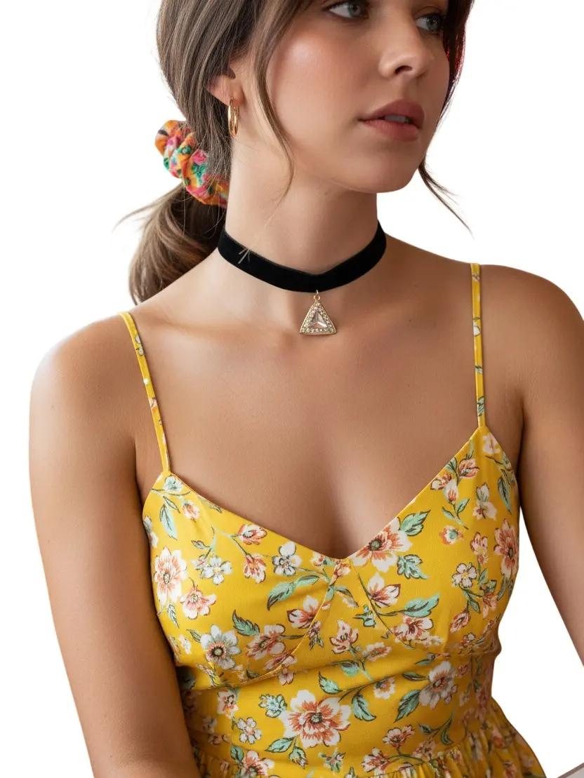 NEW Black Fabric Choker Necklace, Gold Tone Triangle Rhinestone Pendant, 13-15.5 in   WN55