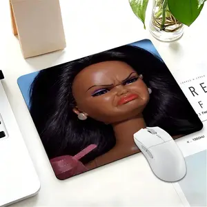 Grumpy Disgusted Black Hair Doll Small Square Mouse Pad, Stitched Lockedge Rubber Anti-Slip Protective Desk Mat, Perfect for Office Workers, Gamers & Home Desktop Decoration