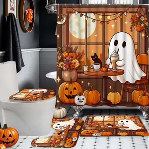 Halloween Ghost & Pumpkin Bath Curtain Set, Includes Rug, Toilet Mat, U-Shaped Pad, Polyester Fiber, Home Bathroom Decor Gift