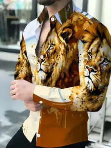Men's Long Sleeve Casual Shirt with Lion Print Novelty Pattern