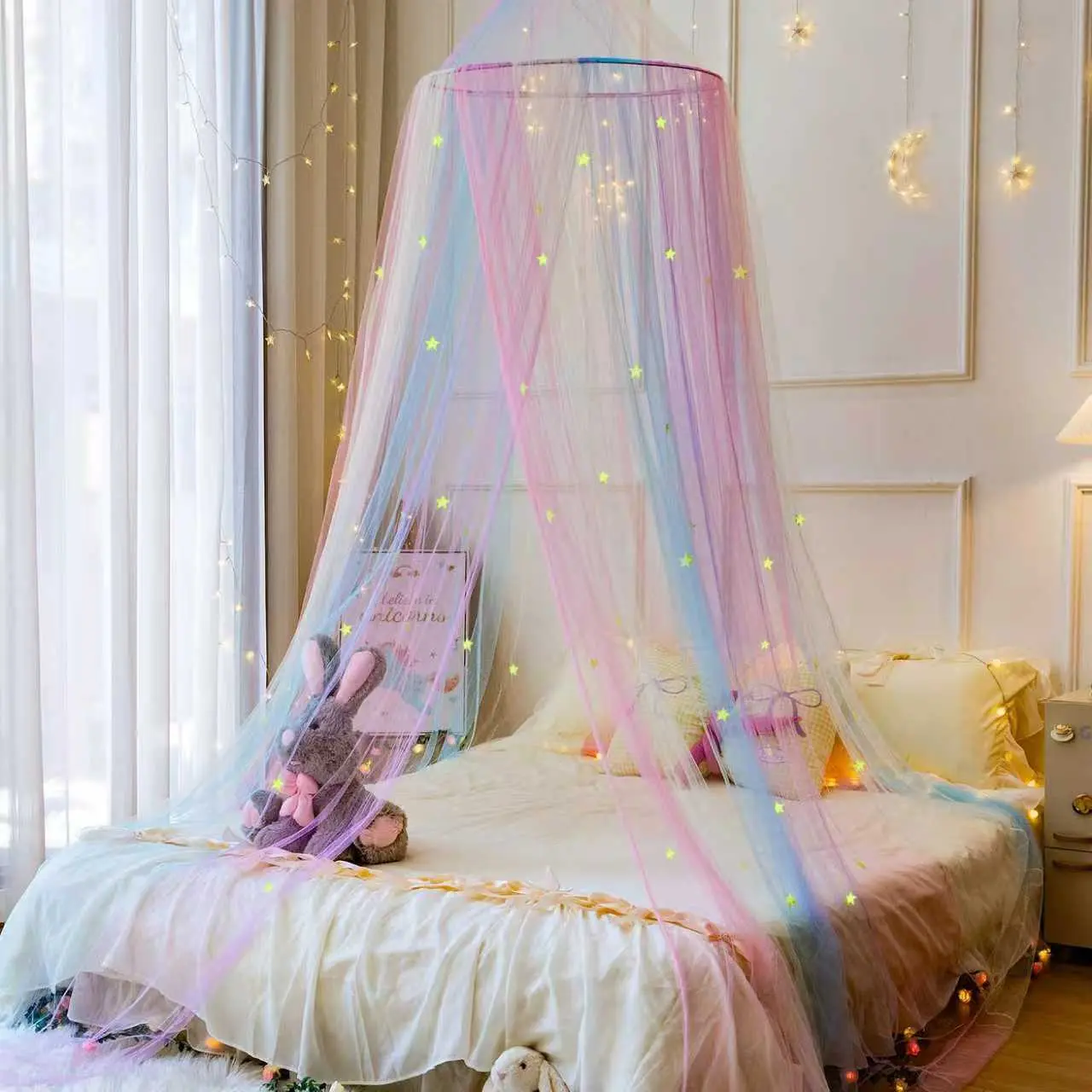 1-Pack Dome-Style Colorful Hanging Mosquito Net for Bed, Fine Mesh Insect-Proof Mosquito Nets, Breathable, Easy Setup, Machine Washable, for Home Bedrooms & Outdoor Activities
