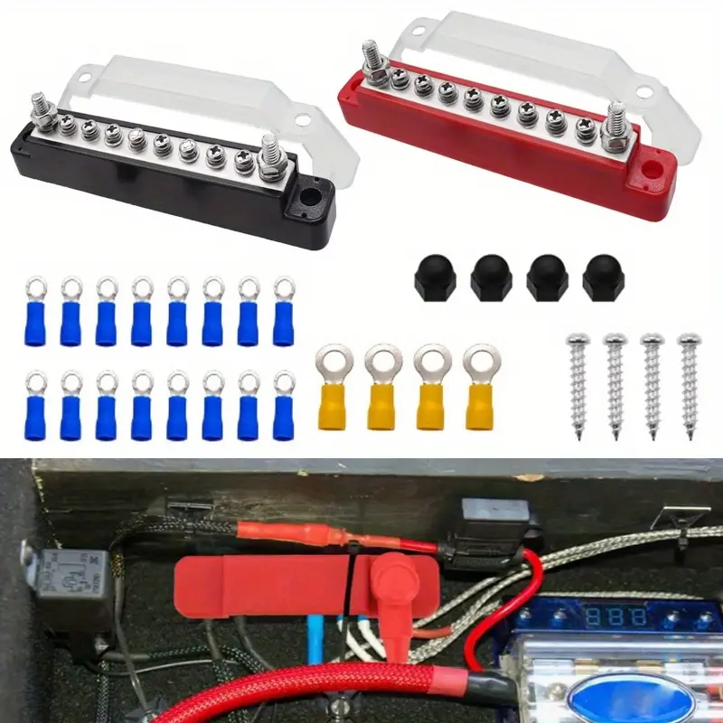 Red Battery Bus Bar 2-Pack with Hard Plastic Shortcircuit Guard Cover, 4x1/4 Posts, 6x#8 Screw Terminals, 130AAC 300VAC/150A 48VDC Power Distribution Block for Marine Ships, Yachts, Automotive Trucks, Solar Batteries, Boat