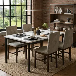 - 5-Piece Mid-Century Modern Dining Table Set, Grey Faux Marble Table Top + 4 Diamond Stitching Upholstered Fabric Chairs, 4-Person, Sturdy Metal Frame, Small Space Friendly Breakfast Dinette for Home Daily Use