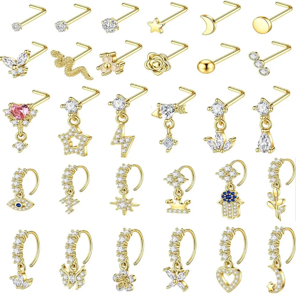 Women's 30Pcs 20G L-Shaped Dangle Nose Ring Set - Surgical Steel CZ Pendant Nose Piercing Jewelry, Flower, Heart, Moon, Star Hoops, Hypoallergenic Lightweight Stylish Body Accessories