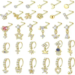 Women's 30Pcs 20G L-Shaped Dangle Nose Ring Set - Surgical Steel CZ Pendant Nose Piercing Jewelry, Flower, Heart, Moon, Star Hoops, Hypoallergenic Lightweight Stylish Body Accessories