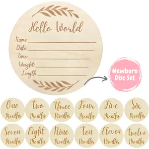 Baby Monthly Milestone and Hello World Disc Set – Double-Sided Gender-Neutral Photo Prop for Holidays, Milestones, and Baby Photos