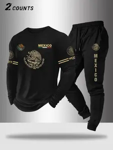 Men's Letter Print Long Sleeve Top and Drawstring Sweatpants Set, Eagle Design Mexico Print Casual Wear, All-Day Comfort