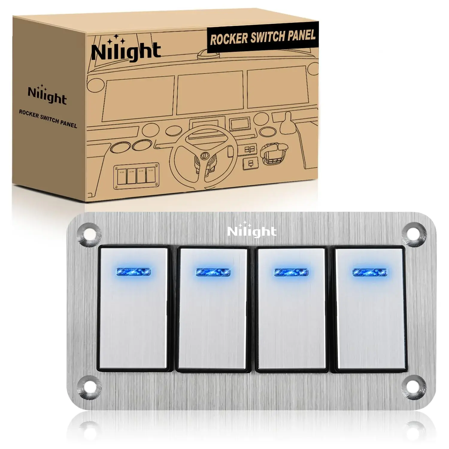 Nilight 4-Gang 3-Pin SPST Aluminum Toggle Switch Panel, Waterproof Pre-Wired On/Off Switch with Blue LED, Customizable DIY Stickers for Boat, Car, ATV, Marine, Motorcycle