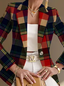 Women's Fall Outdoor Striped Plaid Geometric Print Blazer Jacket, Casual Fitted Regular Length, Digital Print, Spring & Fall