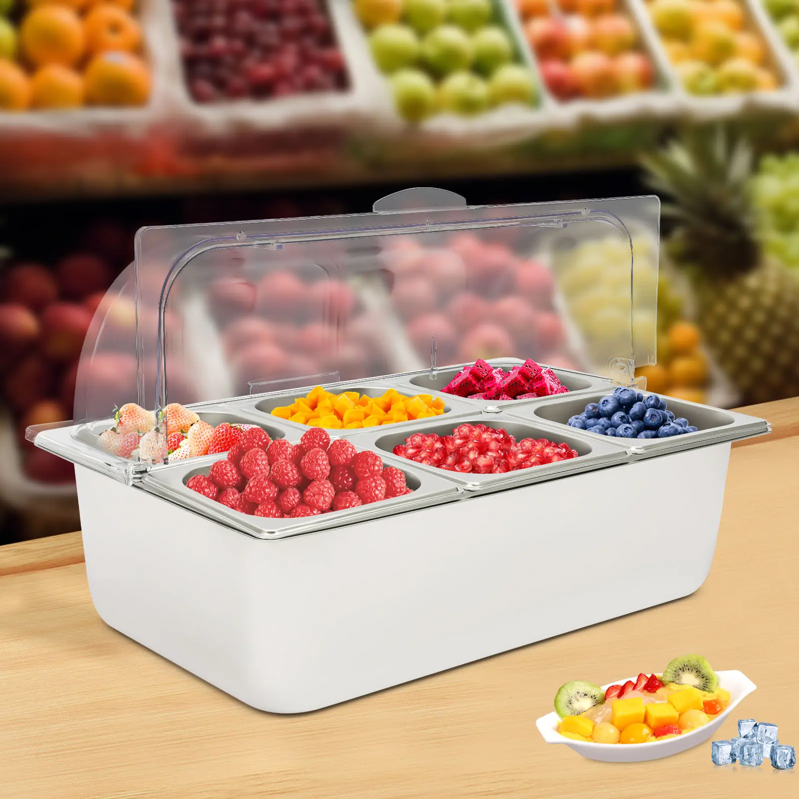 Commercial Grade 6-Panel Stainless Steel Kitchen Buffet Sneeze Guard Set (1.45L Ice Pan & Containers) with Ergonomic Chicken Shredder Tool for Catering Restaurants, Party Food Displays