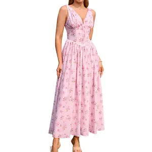 Women's Summer Corset Midi Milkmaid Dress Casual V Neck Flowy A Line Sundress Wedding Guest Dresses With Pockets 2025