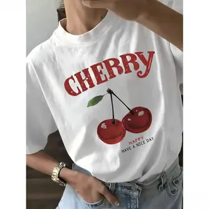 Cherry Pattern And Letter Printed T-Shirt, Round Neck Short Sleeve Casual Top, Suitable For Women Spring