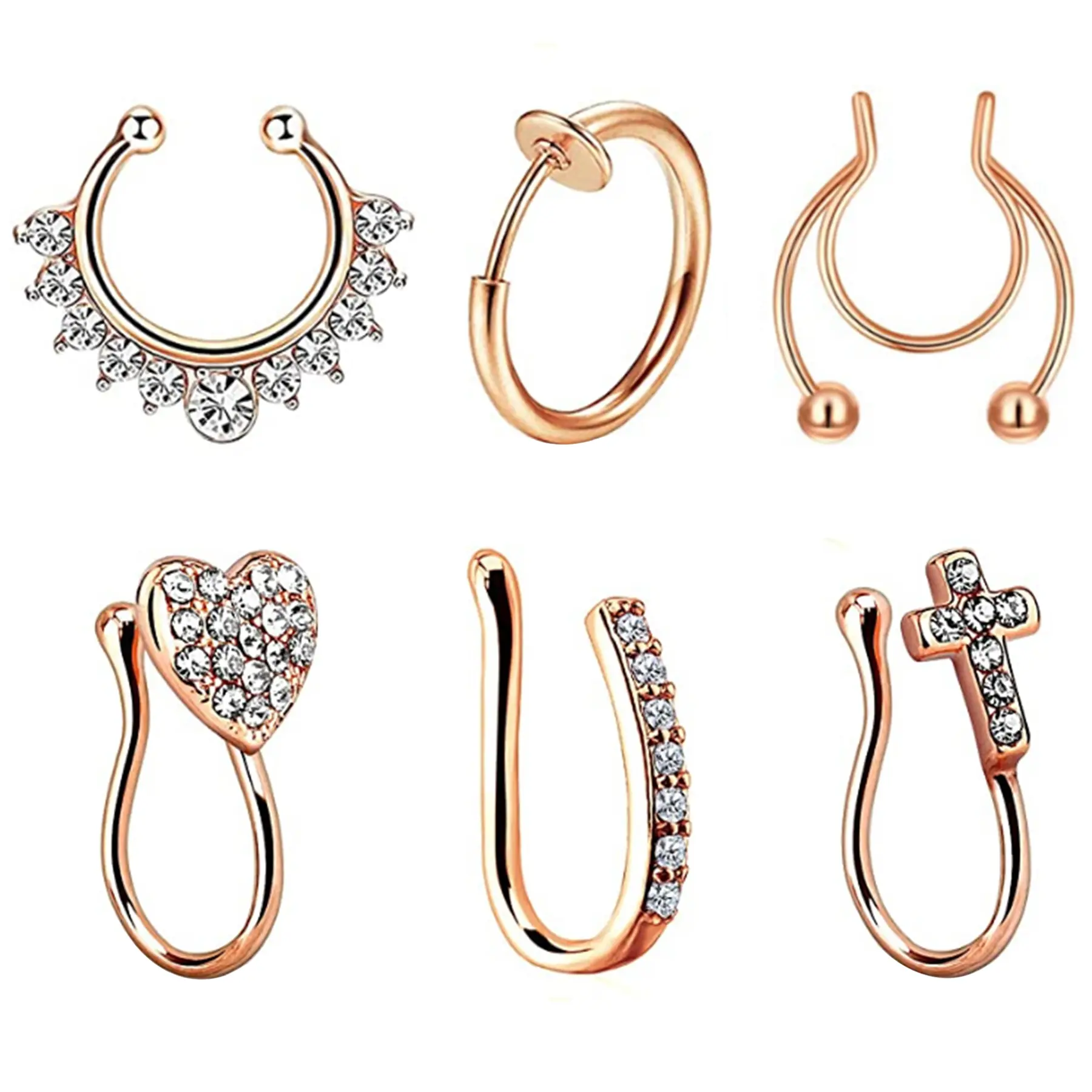OIDEA 6PCS 18G Faux Septum Nose Ring Set, 316L Surgical Steel Clip-On Body Jewelry with Cubic Zirconia Gemstones, Pain-Free Body-Safe Clip-In Piercing Jewelry, Pain-Free Piercing Jewelry, Body-Safe Piercing Jewelry