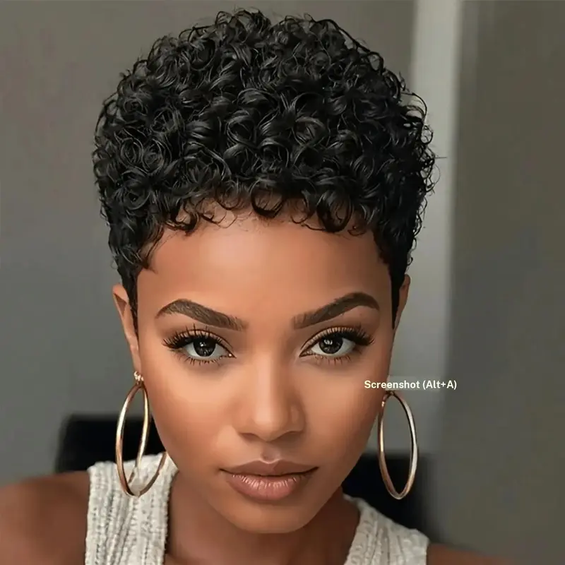 Short Pixie-Cut Wigs for Women, Synthetic Hair Kinky Afro Style, Natural Jet Black Short Curly Wigs, Curled Synthetic Wig