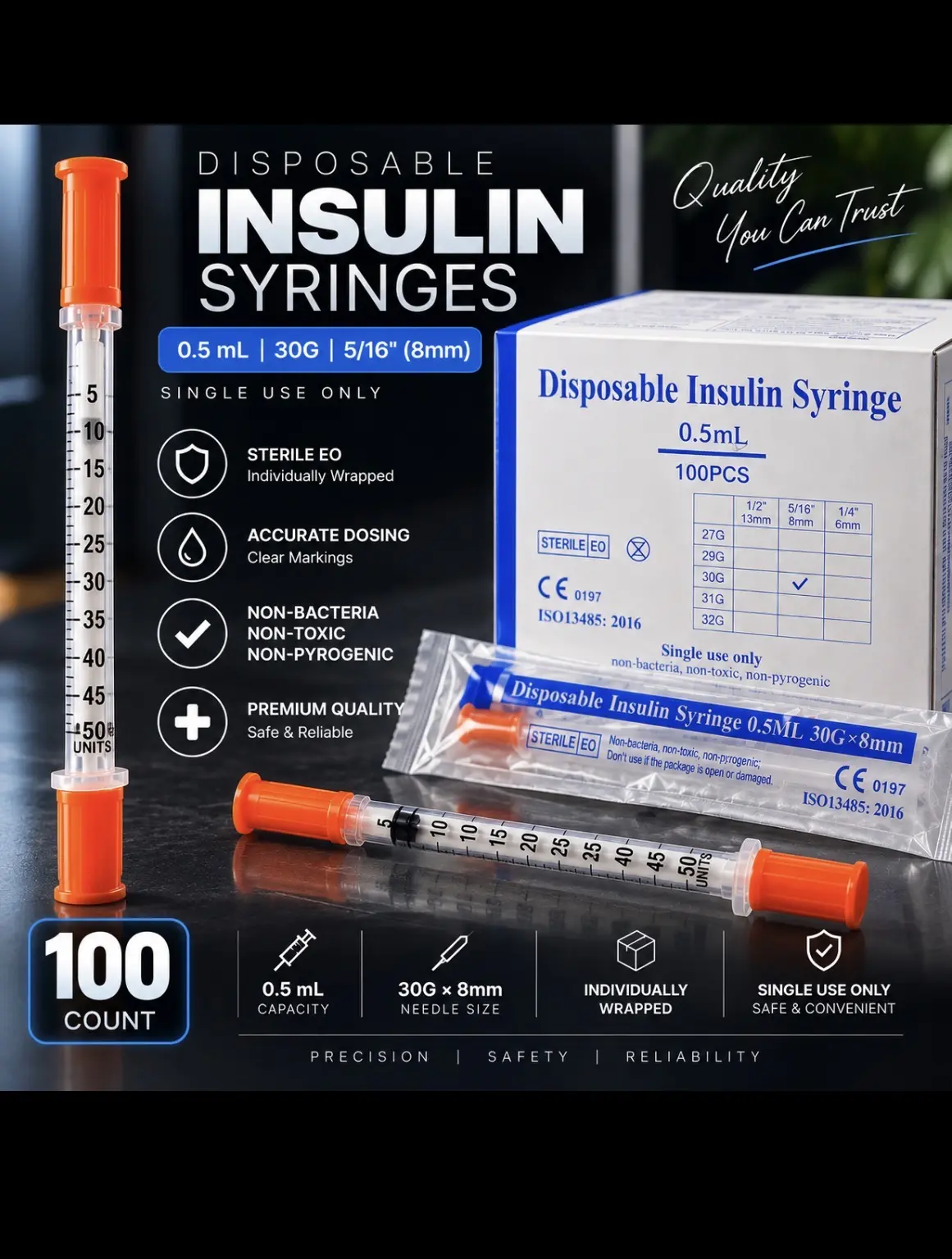 100-Count Disposable 0.5mL Healthcare Syringe Kit, 30G Needle, 5/16’’ (8mm) Length, Single-Use, Sterilized, Non-Bacterial, Non-Toxic Dispensing Tool for Medical Supplies & Laboratory Use