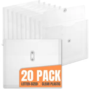 Poly Envelopes Expandable Plastic Clear Envelope with Button & String Closure, Letter Size, Clear, 20 Pack