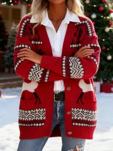 【Plus Size】 Christmas Reindeer Print Sweater Cardigan, Casual Long Sleeve Knitwear for Winter, Women's Plus Clothing for Daily Wear