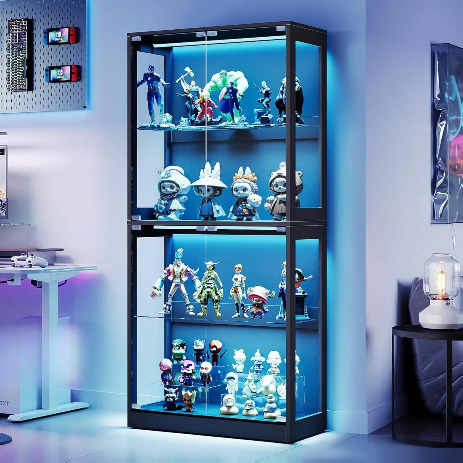 [Summerwins] [SummerFinds] AMERLIFE RGB Display Cabinet with Adjustable Glass Shelves, 4-Tier Storage Case with LED Lights & Press-to-Open Doors, Modern Display Shelf for Collectibles, Black/Best Gift Ideas/Christmas Gifts