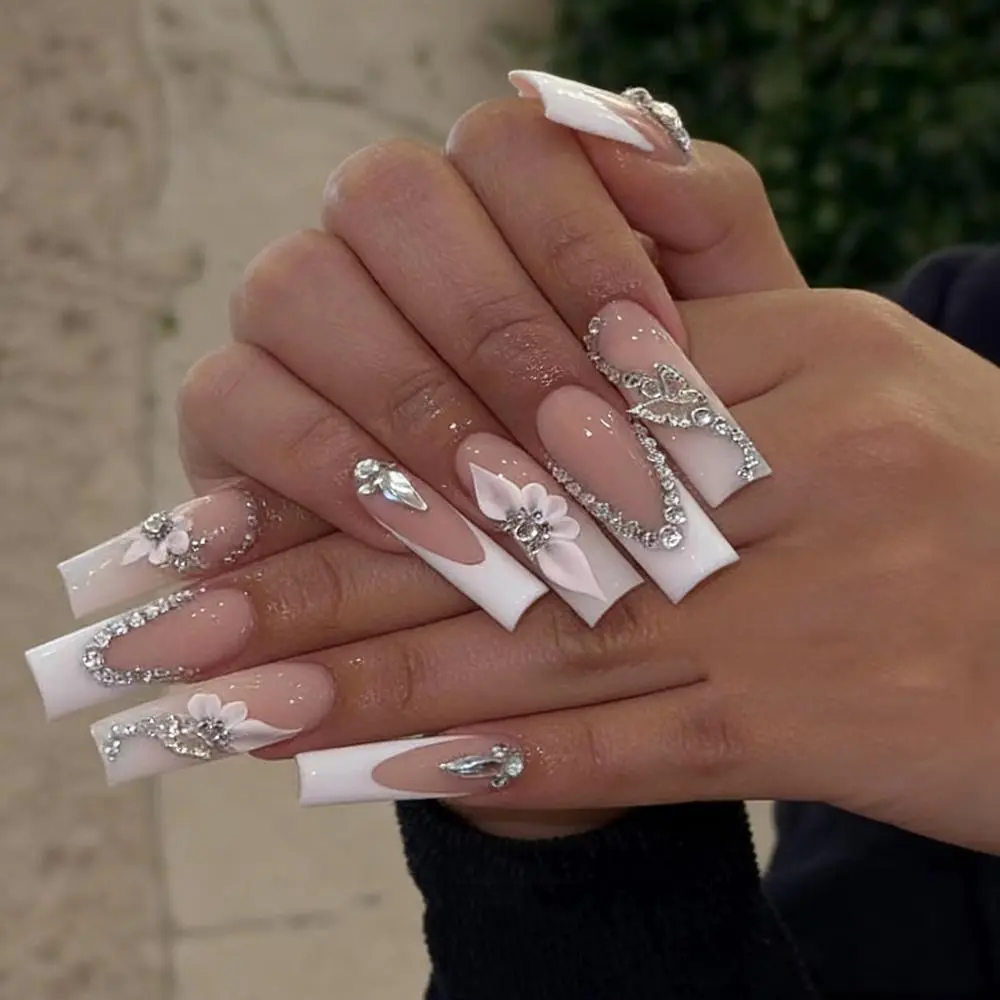 24Pcs Long Square Water Pipe Butterfly Flower Press On False Nails Tip Diamond Petals Wearable Nail French Naked Pink Fake Nails
