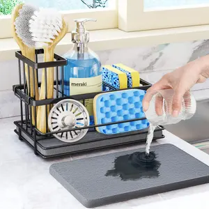 Sink Caddy Sponge Holder - Kitchen Sink Organizer with Instant Drying Stone and Brush Holder, Stainless Steel Sponge Caddy for Kitchen Countertop