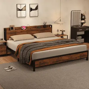 Rustic Brown King Size Bed Frame with Wooden Headboard and Footboard, Heavy Duty Metal Bed Base Built with 2 USB Ports and 2 AC Outlets Charging Station, Sturdy Platform Bed No Box Spring Required, Effortless Assembly for Modern Bedroom Decor