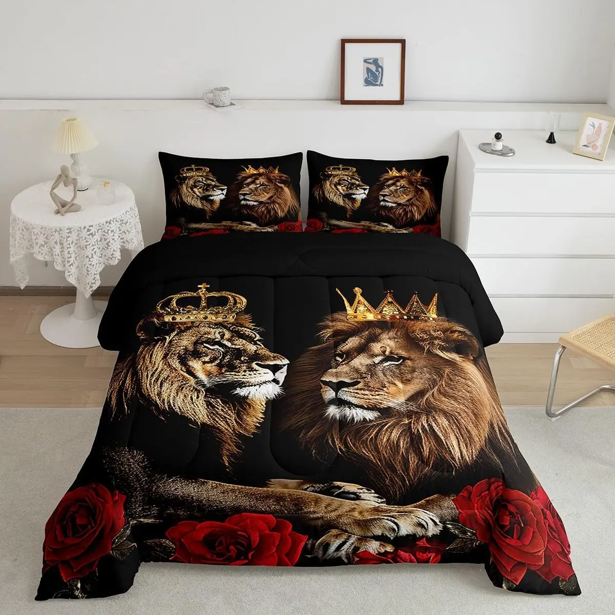 Feelyou Lion Couple Rose Microfiber Duvet Set - King Size, Wild Animal Print, Decorative Bedding (Fits King/Queen Beds)